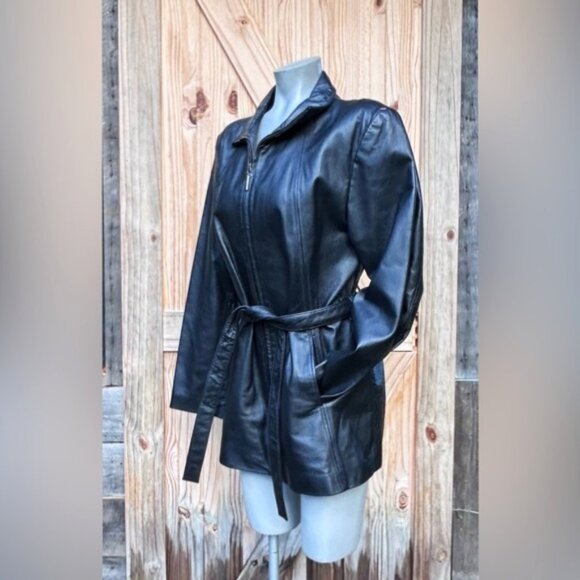 Vintage 90s Worthington Womens Black Mid Length Zip Belted Leather Jacket~L~ - Picture 2 of 7